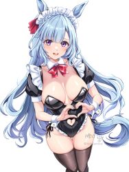 1girl alternate_costume animal_ears blue_hair breasts cleavage clothing_cutout commentary_request heart_cutout highres horse_ears horse_girl horse_tail large_breasts long_hair looking_at_viewer maid_headdress mejiro_ardan_(umamusume) navel navel_cutout open_mouth purple_eyes simple_background solo tail tsukiyuki_mike umamusume white_background