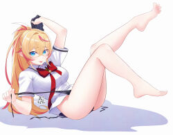 1girl akira_miku_ver barefoot blonde_hair blue_eyes blush bow bowtie breasts collared_shirt crossed_bangs eyelashes feet full_body hair_between_eyes hair_intakes holding holding_unworn_clothes holding_unworn_skirt impossible_clothes impossible_shirt large_breasts leg_up legs multicolored_hair no_pants original panties pink_hair plaid_clothes plaid_skirt red_bow red_bowtie shadow shirt short_sleeves side-tie_panties sidelocks signature simple_background skirt solo spread_legs streaked_hair thighs toenails toes tongue tongue_out underwear undressing unworn_skirt white_background white_shirt