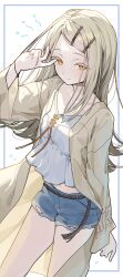 1girl arm_up bent_v blonde_hair blue_shorts brown_eyes camisole closed_mouth colored_eyelashes commentary_request denim denim_shorts gakuen_idolmaster highres idolmaster long_hair long_sleeves looking_at_viewer midriff_peek navel ningen_mame orange_eyes robe shinosawa_hiro short_shorts shorts simple_background smile solo standing swept_bangs thighs v white_background white_camisole white_robe