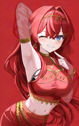 1girl ange_katrina arabian_clothes arm_behind_head arm_up armpits ball blue_eyes blush breast_padding bridal_gauntlets commentary_request cosplay cropped_shirt detached_sleeves diamond-shaped_pupils diamond_(shape) earrings finger_to_own_chin flat_chest_joke gold_earrings grin hair_between_eyes hair_intakes hair_over_shoulder halter_shirt halterneck hand_up head_chain highres jewelry long_hair looking_at_viewer midriff multicolored_eyes n/p_(xrey2588) nail_polish navel nijisanji official_alternate_costume one_eye_closed pink_bridal_gauntlets pink_nails purple_eyes red_background red_hair red_skirt red_sleeves see-through_clothes see-through_sleeves shirt simple_background skirt sleeveless sleeveless_shirt smile soccer_ball solo symbol-shaped_pupils triangle_earrings upper_body very_long_hair virtual_youtuber