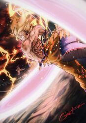 2boys abs absurdres blonde_hair blue_boots boots clenched_teeth colored_skin dragon_ball dragonball_z frieza full_power_frieza gekiroo green_eyes highres kienzan male_focus medium_hair multiple_boys muscular muscular_male orange_pants pants solo_focus son_goku spiked_hair super_saiyan super_saiyan_1 teeth topless_male white_skin