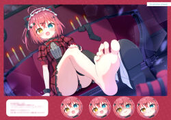 1girl :d @_@ aoi_yun barefoot black_collar black_thighhighs blue_eyes blush boots candle censored center_frills collar couch cross cross_hair_ornament dress dutch_angle fang fire frills grin hair_between_eyes hair_ornament hairclip heterochromia latin_cross mosaic_censoring multiple_expressions multiple_views on_couch one_side_up open_mouth original parted_lips pink_hair plaid_clothes plaid_dress puffy_short_sleeves puffy_sleeves red_dress shaded_face short_sleeves single_boot single_thighhigh smile smirk spiked_collar spikes thighhighs thighhighs_under_boots unworn_thighhighs white_boots x_hair_ornament yellow_eyes