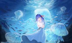 Rule 34 | 1girl, absurdres, air bubble, blue eyes, blurry, bubble, commentary request, depth of field, dress, fate/stay night, fate (series), fish, hair ribbon, heaven&#039;s feel, highres, jellyfish, light particles, long hair, matou sakura, nekocat, purple hair, red ribbon, ribbon, star (symbol), underwater, white dress