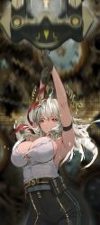Rule 34 | 1girl, absurdres, aduo, arm strap, arm up, black gloves, black horns, black pants, breasts, bright pupils, button gap, closed mouth, commentary, cowboy shot, curled horns, gloves, greatsword, grey hair, high-waist pants, highres, holding, holding sword, holding weapon, horns, large breasts, long hair, looking at viewer, mole, mole on breast, mole under eye, pants, red eyes, shirt, shirt tucked in, solo, sword, tight clothes, tight pants, weapon, white pupils, white shirt, wuthering waves, zani (wuthering waves)