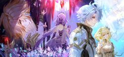 2boys 3girls absurdres aglaea_(honkai:_star_rail) back backless_outfit blonde_hair bug butterfly castorice_(honkai:_star_rail) closed_mouth green_eyes grey_hair highres honkai:_star_rail honkai_(series) insect long_hair medium_hair multiple_boys multiple_girls mydei_(honkai:_star_rail) orange_hair parted_lips phainon_(honkai:_star_rail) profile purple_hair short_hair tanemaki_monaka trinnon_(honkai:_star_rail) upper_body