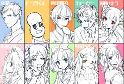 Rule 34 | 3boys, 6+girls, :d, animal, animal on head, asuka hina, blazer, blue eyes, blush, bow, breasts, brown eyes, cardigan, center frills, character request, check character, cleavage, closed mouth, collared shirt, demon horns, dress, dress shirt, eyepatch, facial mark, formal clothes, frilled dress, frills, gonzalez (machita chima), green eyes, grey eyes, hair ornament, hamster, hat, heart, heart eyepatch, highres, holding, horns, indie virtual youtuber, jacket, joe rikiichi, joe rikiichi (1st costume), large breasts, long hair, long sleeves, machita chima, medium breasts, mode aim, mole, mole on neck, multiple boys, multiple girls, natori sana, necktie, nijisanji, ninahachi, nurse cap, on head, open mouth, peanuts-kun, puffy long sleeves, puffy sleeves, purple eyes, rabbit hair ornament, red eyes, school uniform, seed, shirt, short eyebrows, sleeves past fingers, sleeves past wrists, smile, suit, sunflower seed, suou patra, suou patra (1st costume), suzuka utako, suzuka utako (4th costume), thick eyebrows, translation request, two side up, virtual youtuber, wrist cuffs, yashiro kizuku