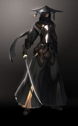 10s 1boy absurdres arm_guards asymmetrical_bangs black_background black_hair black_hat blade_&amp;_soul full_body gradient_background hair_over_one_eye hat hichi highres holding holding_sword holding_weapon japanese_clothes katana kim_hyung_tae long_hair male_focus rice_hat simple_background solo standing sword weapon
