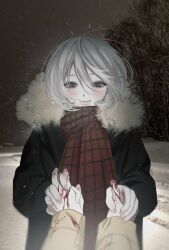 1girl 1other black_jacket blood blood_on_hands blue_eyes blush fur-trimmed_jacket fur_trim hair_between_eyes highres holding_hands interlocked_fingers jacket looking_at_viewer night original outdoors pale_skin pov pov_hands red_pupils red_scarf riroi_(rntr_ll) scarf smile snow snowing tree white_hair wind winter winter_clothes