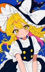 1girl :&lt; absurdres apron black_skirt black_vest blonde_hair blue_background blush braid closed_mouth frills hair_between_eyes hair_ribbon hat highres kirisame_marisa looking_at_viewer ribbon rotoi_1234 shirt short_sleeves skirt solo star_(symbol) touhou vest white_shirt witch_hat yellow_eyes