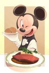 1boy alternate_costume animal_ears colored_eyelashes food gloves highres looking_at_viewer meat mickey_mouse mickey_mouse_&amp;_friends mouse_boy plate shirt short_hair smile solo tagme takatmaorange