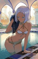 1girl aqua_eyes bikini dark-skinned_female dark_skin drying grey_hair highres in_water midriff navel original pool short_hair solo string_bikini swimsuit tiles timbougami towel wading white_bikini