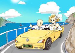 1boy 1girl android_18 bald bald_male black_eyes blonde_hair blue_eyes car car_ride cloud cloudy_sky couple dragon_ball dress formal_clothes happy husband_and_wife kuririn motor_vehicle newlyweds peace_symbol sky smile suit wedding_dress