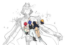 2boys 2girls amate_yuzuriha back blue_hair blush char_aznable commentary epaulettes eye_mask from_behind giant giant_male gundam gundam_gquuuuuux haro helmet jacket long_hair lying_on_person military_jacket military_uniform multiple_boys multiple_girls non-humanoid_robot nyaan_(gundam_gquuuuuux) pants purple_hair red_hair robot shoes short_hair shuji_ito simple_background smile sparkle starshadowmagician tank_top underwear underwear_only white_background