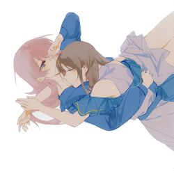 2girls absurdres bang_dream! bang_dream!_it&#039;s_mygo!!!!! blue_shirt blush brown_hair chihaya_anon chinese_commentary closed_eyes closed_mouth commentary_request cuddling dress e-fa-dorn grey_dress grey_hair hand_on_another&#039;s_back highres long_hair long_sleeves lying lying_on_person multiple_girls nagasaki_soyo off-shoulder_dress off_shoulder on_stomach pink_hair shirt simple_background white_background yuri
