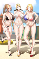3girls bikini blonde_hair blue_eyes breasts cleavage dead_or_alive helena_douglas huge_breasts large_breasts long_hair multiple_girls navel ninja_gaiden rachel_(ninja_gaiden) swimsuit team_ninja tina_armstrong underboob