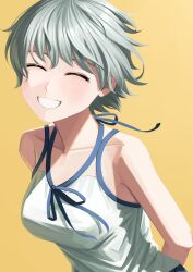 1girl absurdres blue_ribbon closed_eyes grey_hair grin highres monogatari_(series) nemo_ringo oikura_sodachi ribbon shirt short_hair simple_background smile solo teeth white_shirt yellow_background zoku_owarimonogatari