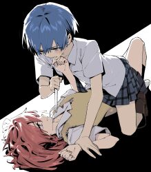 2girls akuma_no_riddle azuma_tokaku blue_hair commentary_request crying crying_with_eyes_open girl_on_top hand_on_another&#039;s_face highres holding holding_weapon ichinose_haru looking_at_another minakata_sunao multiple_girls neck pleated_skirt red_hair school_uniform short_hair skirt sweater_vest tears weapon yuri
