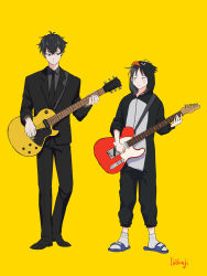 1boy 1girl :| animal_costume animal_hood artist_name black_eyes black_hair black_jacket black_necktie black_pants black_suit blue_sandals closed_mouth collared_shirt commentary cosplay dress_shirt electric_guitar fender_telecaster formal_clothes full_body futsuu_no_keion-bu gibson_les_paul grey_shirt guitar guitar_strap hatono_chihiro height_difference highres holding holding_guitar holding_instrument hood hood_up ikihaji instrument jacket kigurumi lapels long_sleeves mizuo_haruichi necktie notched_lapels official_alternate_costume pants penguin_costume penguin_hood sandals shirt side-by-side simple_background slides socks standing suit suit_jacket white_socks yellow_background