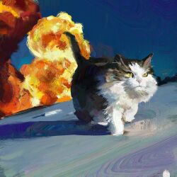 Rule 34 | absurdres, animal, animal focus, anton skeor, blue sky, brush stroke, cat, day, dutch angle, explosion, explosion background, fluffy, highres, no humans, original, outdoors, painterly, realistic, shadow, sky, slit pupils, solo, walking, yellow eyes