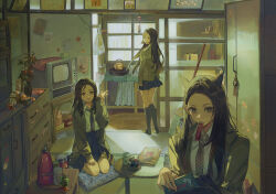 3girls animal_ears black_hair book dayeyangzhi highres indoors jacket long_hair looking_at_viewer mouth_hold multiple_girls necktie original pleated_skirt school_uniform seiza sitting skirt socks standing television window