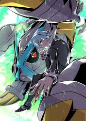 1boy alternate_color black_jacket black_pants black_sclera black_suit blue_eyes colored_sclera formal_clothes gen_3_pokemon grey_hair highres jacket kakashino_kakato looking_at_viewer male_focus mega_metagross mega_pokemon metagross nintendo official_alternate_color pants pokemon pokemon_(creature) pokemon_oras red_eyes shiny_pokemon short_hair steven_stone suit
