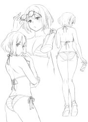 Rule 34 | 1girl, back, bikini, blush, breasts, can, cleavage, cowboy shot, eyewear lift, hand on own elbow, holding, holding can, kneepits, lineart, looking back, medium breasts, monochrome, multiple views, original, ryuuta (msxtr), sandals, short hair, side-tie bikini bottom, striped bikini, striped clothes, swimsuit