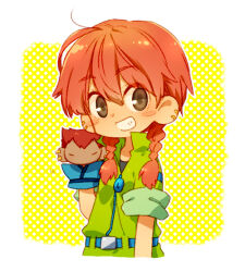 Rule 34 | 1girl, belt, bemani, black shirt, blue belt, blush stickers, border, braid, brown eyes, collarbone, cropped torso, earrings, genderswap, genderswap (mtf), green jumpsuit, grin, hand puppet, jewelry, jumpsuit, kiri futoshi, long hair, looking at viewer, mr. kk, pop&#039;n music, puppet, roku (pop&#039;n music), shirt, smile, twin braids, white border, zipper