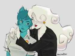 2girls absurdres aminetko black_suit blue_hair cloud_hair collared_shirt formal_clothes highres humanization looking_at_another multiple_girls nicole_watterson shirt suit the_amazing_world_of_gumball white_shirt yuki_yoshida yuri