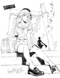 1boy 1other alternate_hairstyle back bag bandaid bandaid_on_knee bandaid_on_leg beret closed_mouth crossdressing curly_hair dated dress_shoes from_below hand_on_own_knee handbag hat highres higurashi_no_naku_koro_ni himiko_(326ontheweb) hinamizawa holding holding_sword holding_weapon long_hair monochrome neckerchief pinocchio_(sinoalice) pleated_skirt rope sailor_collar sailor_shirt shirt signature sinoalice sitting skirt socks stairs sword trap weapon