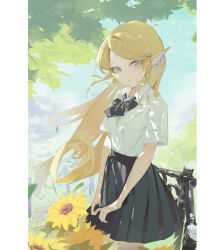 1girl absurdres black_bow black_bowtie black_dress blonde_hair blue_eyes bow bowtie cartethyia_(wuthering_waves) chinese_commentary closed_mouth commentary_request dress earrings flower highres jewelry long_hair looking_at_viewer pleated_skirt pointy_ears shirt sketch skirt solo sunflower very_long_hair white_shirt wturnip wuthering_waves