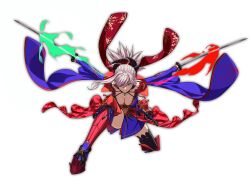 1girl artist_request asymmetrical_hair blue_eyes breasts cleavage dual_wielding earrings fate/grand_order fate_(series) full_body grey_hair hair_ornament highres holding holding_sword holding_weapon japanese_clothes jewelry key_visual kimono large_breasts leaf_print looking_at_viewer magatama magatama_necklace maple_leaf_print miyamoto_musashi_(fate) navel necklace official_art on_one_knee ponytail promotional_art second-party_source shoes short_kimono solo sword thighhighs transparent_background weapon