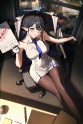 1girl absurdres armband black_hair blue_archive blue_armband blue_eyes blue_hair blue_halo blue_necktie breasts chair coat collared_dress colored_inner_hair dong_(art_woodong) dress earrings glasses gloves half_gloves halo highres indoors jewelry long_hair looking_at_viewer multicolored_hair necktie pantyhose pointy_ears revision rimless_eyewear rin_(blue_archive) sitting sleeveless sleeveless_dress solo white_coat white_gloves window