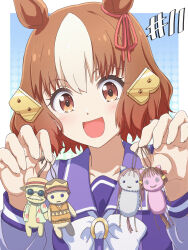 1girl animal_ears belno_light_(umamusume) bob_cut bow bowtie brown_eyes brown_hair character_doll commentary destino doll ear_ribbon hair_ornament highres holding holding_doll horse_ears horse_girl horseshoe_ornament kitahara_jou letter_hair_ornament long_sleeves looking_at_viewer musaka_ginjirou oguri_cap_(umamusume) open_mouth portrait purple_sailor_collar purple_shirt sailor_collar school_uniform shirt short_hair smile solo tracen_school_uniform umamusume umamusume:_cinderella_gray white_bow white_bowtie white_hair