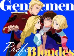 2boys 2girls amuro_ray beltorchika_irma blonde_hair blue_eyes char&#039;s_counterattack dnwn_stone earth_federation english_text eye_contact gentlemen_prefer_blondes gundam harem highres holding_hands looking_at_another military_uniform mobile_suit_gundam multiple_boys multiple_girls neo_zeon nervous_sweating sayla_mass smile sweat yaoi