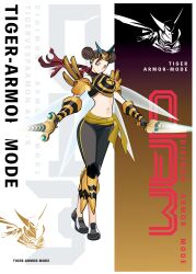 Rule 34 | absurdres, armor, black pants, brown eyes, brown hair, bug, cosplay, digimon, digimon (creature), digimon story: cyber sleuth, double bun, dual wielding, fei wong tomoe ignacio, full body, hair bun, highres, holding, holding sword, holding weapon, insect wings, midriff, navel, pants, red scarf, scarf, simple background, sword, tai (cheungsk1213), tigervespamon, tigervespamon (cosplay), weapon, wings, yellow armor, yellow background