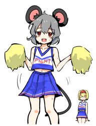 2girls :d alice_margatroid animal_ears blonde_hair blue_shirt blue_skirt cheerleader closed_eyes commentary_request cookie_(touhou) grey_hair hairband highres ichigo_(cookie) looking_at_viewer midriff mouse_ears mouse_girl mouse_tail multiple_girls navel nazrin nyon_(cookie) open_mouth pom_pom_(cheerleading) pura_(aiueo256375) red_eyes red_hairband shirt short_hair simple_background skirt skirt_set smile tail touhou white_background white_shirt