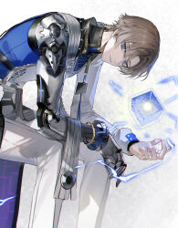 Rule 34 | 1boy, absurdres, blue eyes, blue shirt, brown hair, coat, commentary, cube, electricity, feet out of frame, from side, hashtag-only commentary, highres, id card, looking at viewer, male focus, mechanical arms, mechanical hands, pants, parted lips, shirt, short hair, single mechanical arm, single mechanical hand, sitting, sleepless (wrysmile), smile, solo, white coat, white pants, wuthering waves, xiangli yao (wuthering waves)