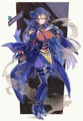 1girl absurdres black_gloves blonde_hair boots character_name commentary double-parted_bangs garchomp gen_4_pokemon gible gloves hair_between_eyes hand_up high_heel_boots high_heels highres kantarou_(8kan) long_hair long_sleeves looking_at_viewer nintendo open_mouth orange_hair pokemon puffy_sleeves solo standing symbol-only_commentary thigh_boots wide_sleeves yellow_eyes