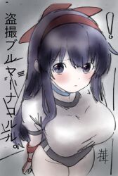 ! 1girl artist_name blush breasts buruma clenched_hand fingerless_gloves from_above gloves hair_ribbon highres japanese_text large_breasts locker locker_room long_hair looking_at_viewer nakoruru pink_lips purple_eyes purple_hair ribbon samurai_spirits shirt snk solo sports_uniform sportswear surprised the_king_of_fighters thick_thighs thighs traditional_media translation_request very_long_hair wide_hips