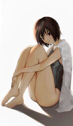 1girl absurdres amagami ass barefoot black_eyes black_hair black_one-piece_swimsuit blush closed_mouth commentary competition_swimsuit eee_mii full_body grey_background highleg highleg_one-piece_swimsuit highres hugging_own_legs knees_up legs looking_at_viewer nanasaki_ai one-piece_swimsuit short_hair simple_background sitting solo swimsuit thighs towel towel_around_neck