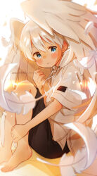 1boy arm_up barefoot black_shorts blue_eyes blush child commentary_request double-parted_bangs falling_feathers far_tarooo feathered_wings feathers hair_between_eyes highres holding_own_leg hood hood_down hoodie kuro_(far_tarooo) looking_to_the_side male_focus original parted_lips short_hair shorts sideways_glance solo teeth white_background white_hair white_hoodie white_wings wings