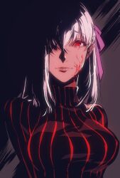 1girl black_dress body_markings closed_mouth dark_sakura dress fate/stay_night fate_(series) grey_background hair_over_one_eye hair_ribbon highres kin_mokusei lipgloss lips long_hair looking_at_viewer matou_sakura pink_ribbon red_eyes ribbon simple_background solo striped_clothes striped_dress turtleneck turtleneck_dress upper_body vertical-striped_clothes vertical-striped_dress white_hair