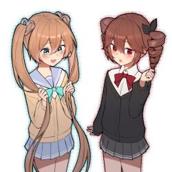 2girls aqua_bow aqua_bowtie black_cardigan black_skirt blue_eyes blue_sailor_collar blue_skirt blush bow bowtie brown_hair cardigan collared_shirt commentary cowboy_shot dress_shirt drill_hair english_commentary evil_neuro-sama from_above from_side hair_between_eyes hatsune_miku highres kasane_teto kasane_teto_(sv) lavidi long_hair long_sleeves multiple_girls neuro-sama open_mouth pleated_skirt polka_dot polka_dot_background red_bow red_bowtie red_eyes sailor_collar shirt siblings simple_background sisters skirt standing twins twintails utau vedal_ai virtual_youtuber vocaloid white_background yellow_cardigan