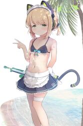 Rule 34 | 1girl, animal ear headphones, animal ears, apron, aqua bow, aqua bowtie, back bow, bare arms, beach, black dress, black tail, blonde hair, blue archive, bow, bowtie, cat ear headphones, cat ears, cat tail, dress, fake animal ears, fake tail, feet out of frame, frilled dress, frills, green eyes, green halo, gun, hair bow, halo, headphones, highres, jewelry, light blush, light smile, looking at viewer, maid, maid apron, maid headdress, medium hair, midori (blue archive), midori (maid) (blue archive), official alternate hairstyle, parted bangs, ponytail, rifle, sniper rifle, solo, standing, tail, teren, thighlet, v, weapon, white bow, white headdress