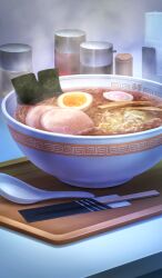 bowl char-siu chopsticks commentary fate/grand_order fate_(series) food food_focus furudate_kouichi kamaboko narutomaki no_humans noodles official_art ramen seaweed softboiled_egg spoon still_life third-party_source