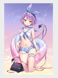 1girl alternate_costume barefoot bibi_(tokoyami_towa) bikini bikini_under_shorts blue_pants blue_ribbon blue_sailor_collar border choker demon_tail ear_piercing gradient_background gradient_hair green_eyes hair_ribbon heart heart-shaped_innertube heart_o-ring highleg highleg_bikini highres hololive innertube kneeling leg_tattoo micro_shorts multicolored_hair navel navel_piercing o-ring o-ring_choker o-ring_strap pants piercing pink_hair pointy_ears purple_hair ribbon runlan_0329 sailor_collar short_hair shorts solo stomach straight-on strapless swim_ring swimsuit tail tattoo thigh_strap tokoyami_towa tube_top virtual_youtuber white_border