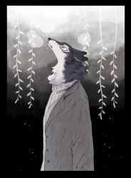 1boy black_background black_border border from_side furry furry_male grey_background grey_eyes grey_fur grey_jacket highres jacket male_focus muted_color open_clothes open_jacket original plant sweater turtleneck turtleneck_sweater two-tone_fur upper_body vines white_fur white_sweater wolf_boy zumi3