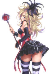 Rule 34 | 1girl, ass, bare shoulders, belt, blonde hair, blue eyes, chain, commentary request, corset, cuffs, dragon quest, dragon quest swords, dress, elbow gloves, feather hair ornament, feathers, fingerless gloves, gloves, goto p, hair ornament, highres, jewelry, long hair, looking at viewer, looking back, ring, setia, simple background, skirt, solo, staff, striped clothes, striped thighhighs, thighhighs, thighs, white background, zettai ryouiki