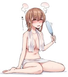 1girl blush breasts brown_hair cleavage closed_eyes commentary_request full_body hand_fan highres kantai_collection kiritto long_hair navel nose_blush simple_background sitting solo teruzuki_(kancolle) towel towel_around_neck wariza white_background