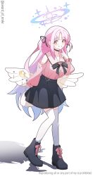 Rule 34 | 1girl, absurdres, angel wings, bare shoulders, black boots, black bow, black bowtie, black choker, black ribbon, black skirt, blue archive, blue hair, blush, boots, bow, bowtie, choker, collared shirt, commentary request, feathered wings, full body, gradient hair, grin, hair ribbon, halo, hand up, highres, index finger raised, lace-up boots, long hair, long sleeves, looking at viewer, mika (blue archive), multicolored hair, murasame (sword of nmkr), pink hair, pink halo, pink shirt, ribbon, shirt, simple background, skirt, smile, solo, standing, thighhighs, twitter username, two side up, very long hair, watermark, white background, white thighhighs, wings, yellow eyes, zettai ryouiki
